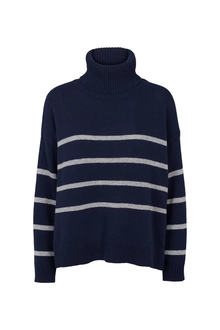 Lise Striped T-Neck - sky captain / light grey mel.