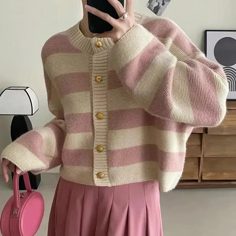 Loose Striped Knitted Cropped Cardigan Swater