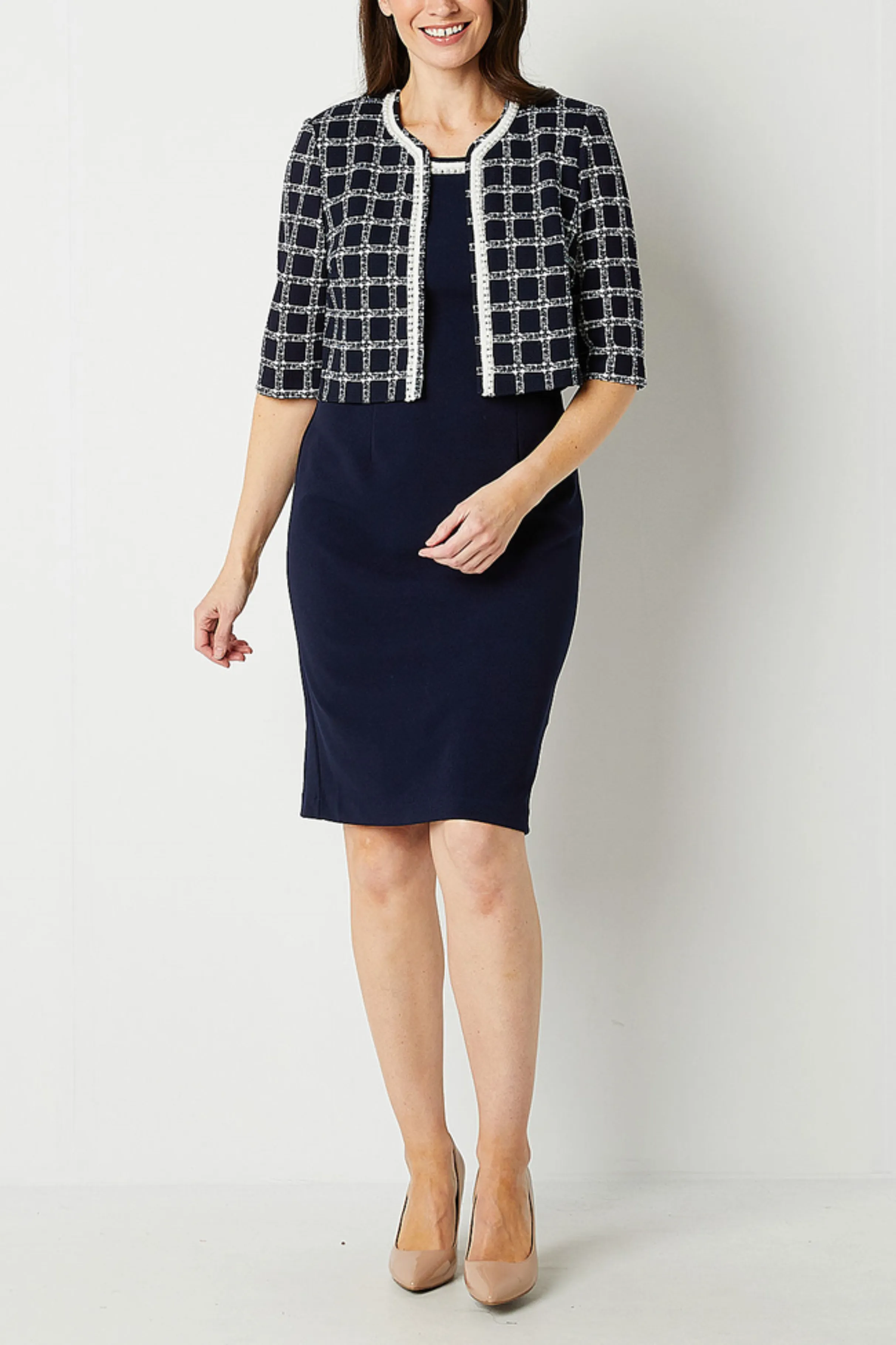 Maya Brooke Pearl Trim Checkered 2-Pc Jacket Dress