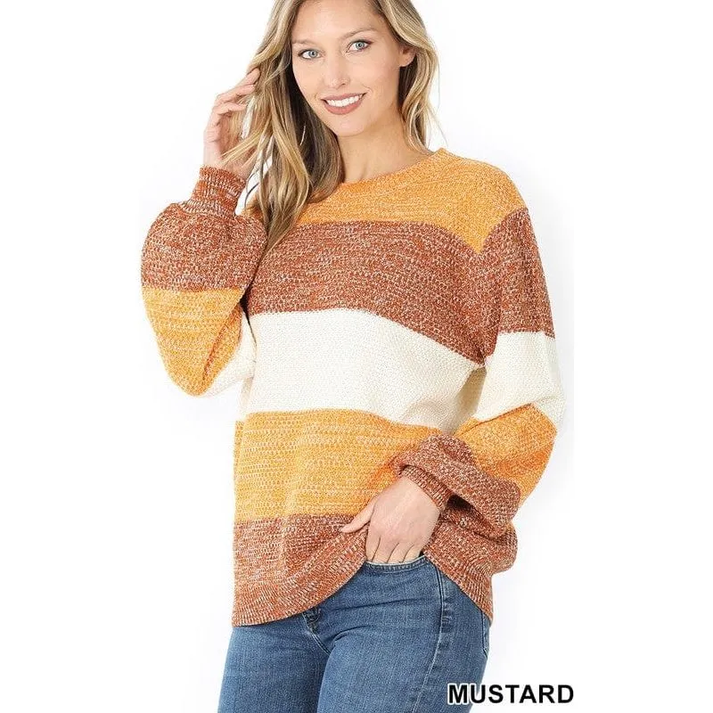 Melange color block balloon sleeve sweater