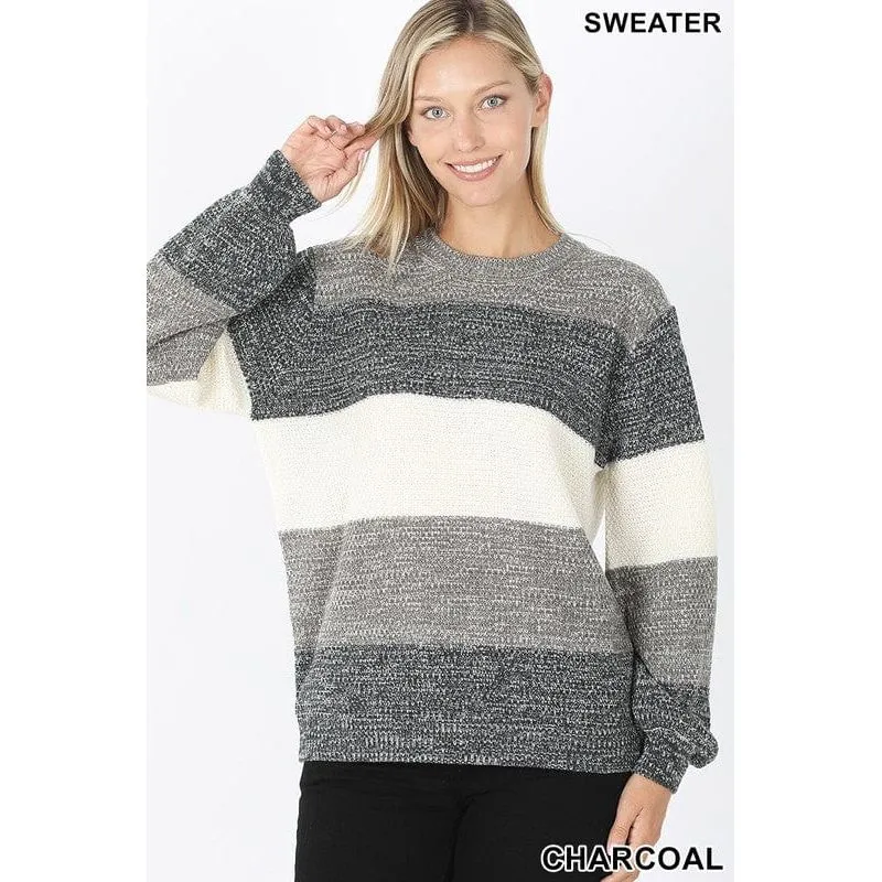 Melange color block balloon sleeve sweater
