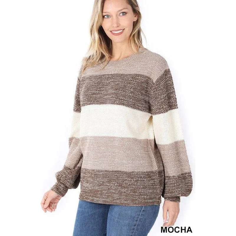 Melange color block balloon sleeve sweater