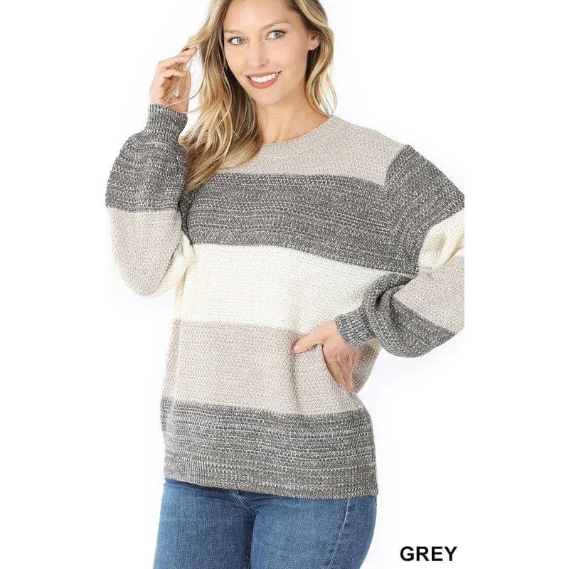 Melange color block balloon sleeve sweater
