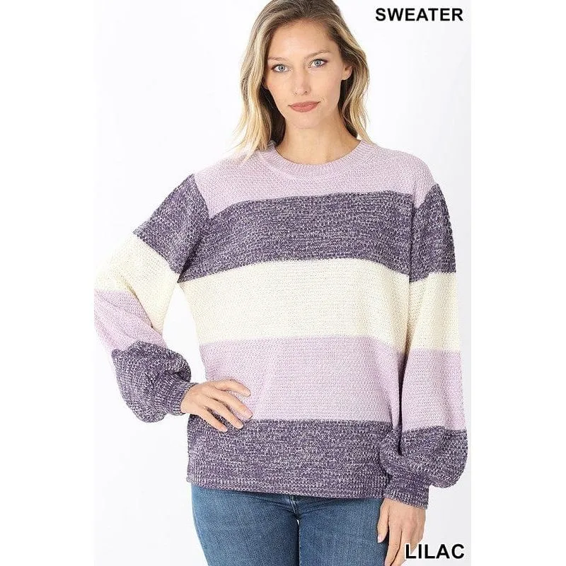 Melange color block balloon sleeve sweater