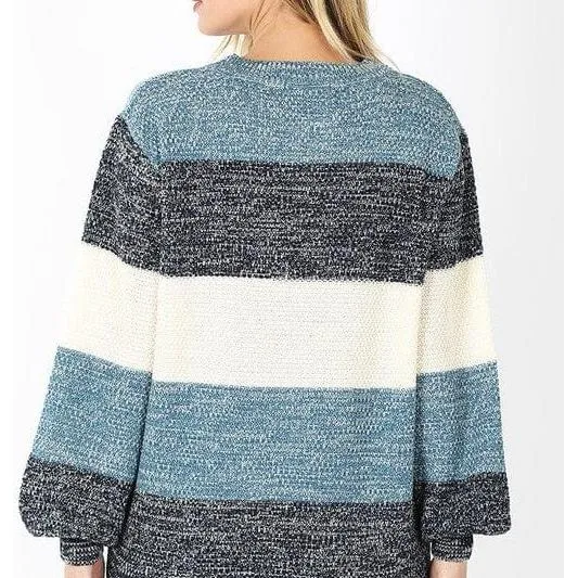 Melange color block balloon sleeve sweater