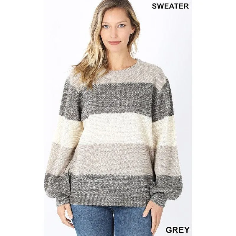 Melange color block balloon sleeve sweater