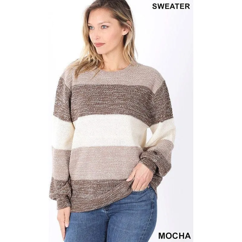 Melange color block balloon sleeve sweater