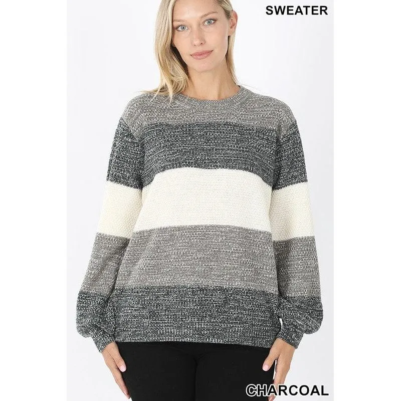 Melange color block balloon sleeve sweater