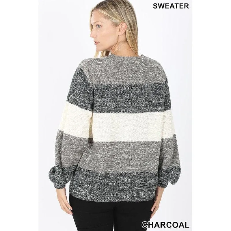 Melange color block balloon sleeve sweater
