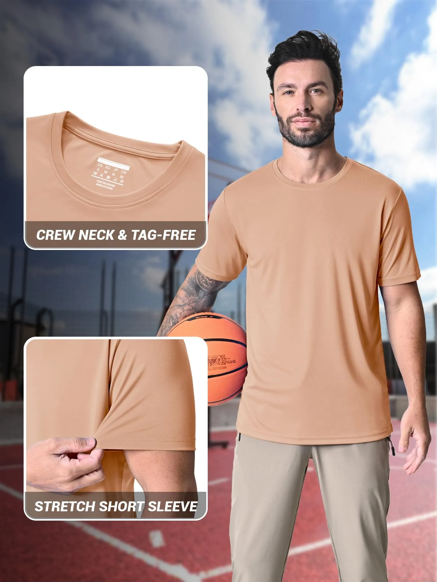 Mens Short Sleeve T Shirts Dry Fit Shirts Summer T Shirts UV Protection UPF 50 Shirts Athletic Active T-Shirt Apricot
