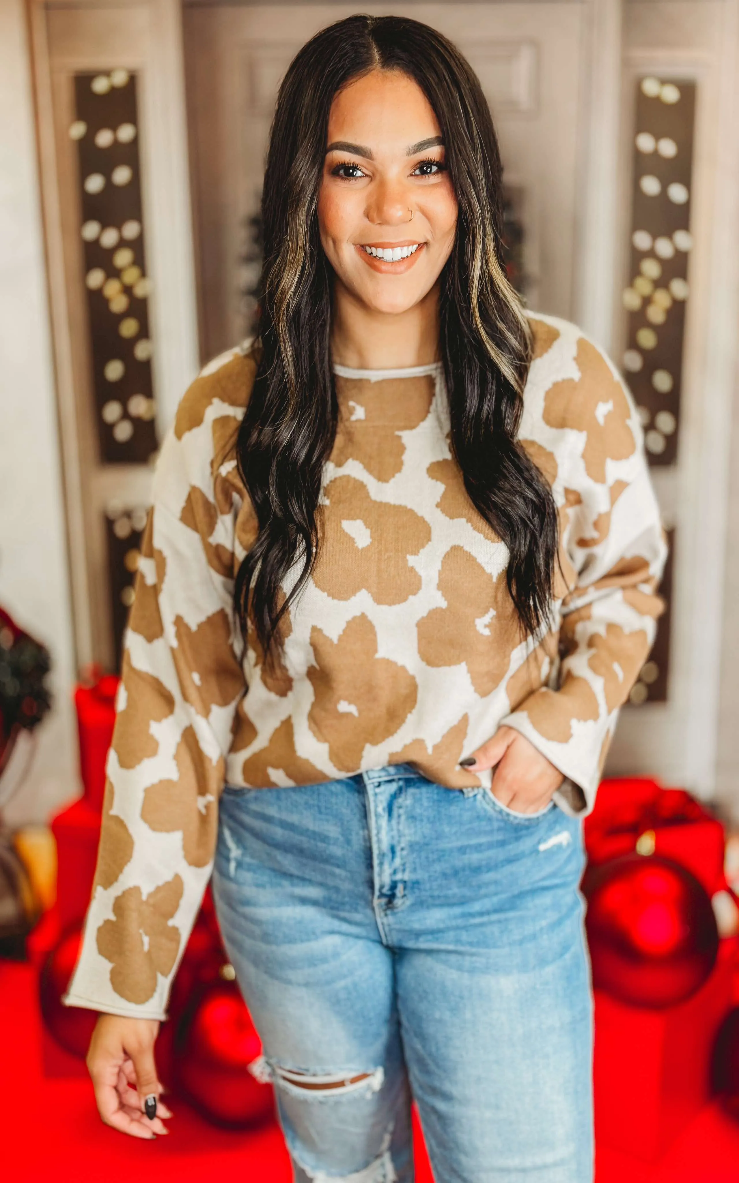 Mocha Floral Jacquard Relaxed Cropped Sweater - Final Sale