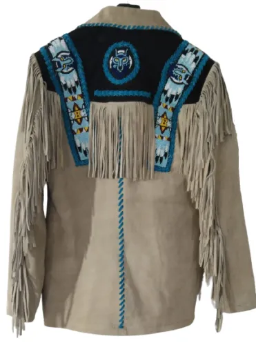 Native American Style Beige Suede Leather Fringe Beaded Jacket for Men MWJ340