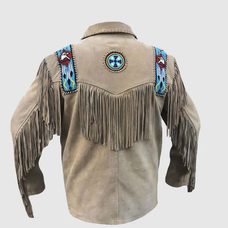 Native American Style Beige Suede Leather Fringe Beaded Jacket for Men MWJ342