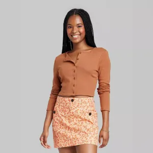 New Women's Long Sleeve Button-Front Cropped Shirt - Wild Fable, Brown, Sz L