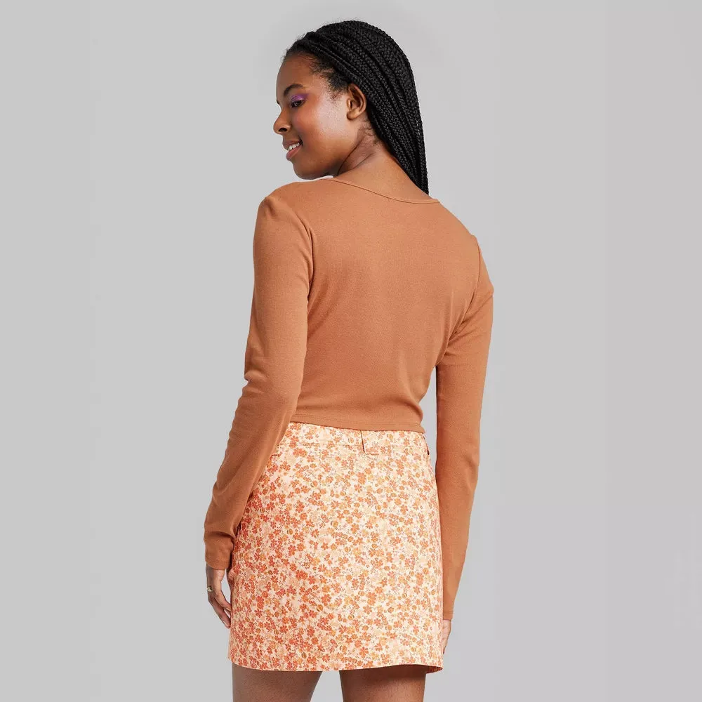 New Women's Long Sleeve Button-Front Cropped Shirt - Wild Fable, Brown, Sz L