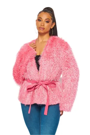 Noemi Shaggy Cropped Cardigan Coat with Belt Tie