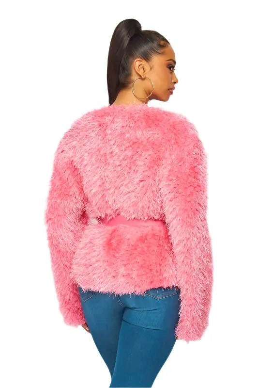 Noemi Shaggy Cropped Cardigan Coat with Belt Tie