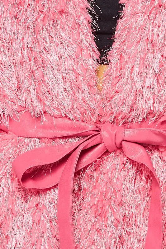 Noemi Shaggy Cropped Cardigan Coat with Belt Tie