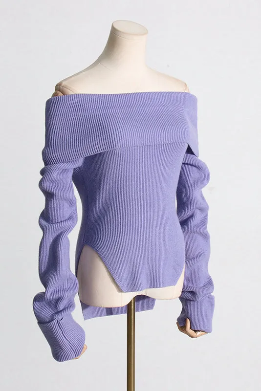 OFF SHOULDER KNIT CROPPED SWEATER - Purple