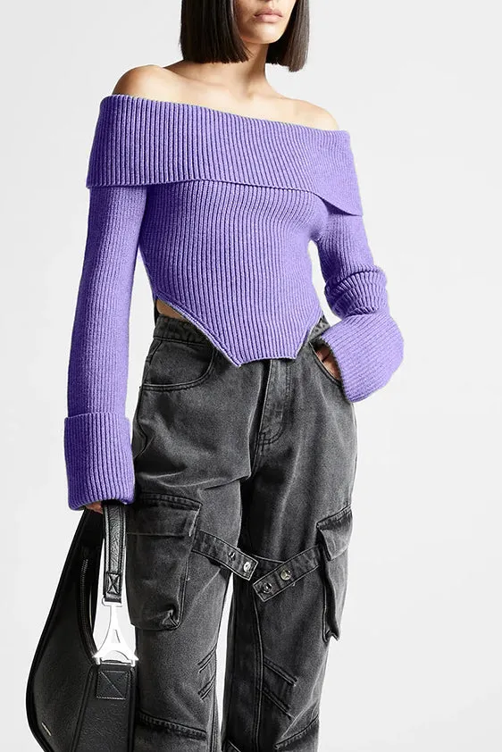 OFF SHOULDER KNIT CROPPED SWEATER - Purple
