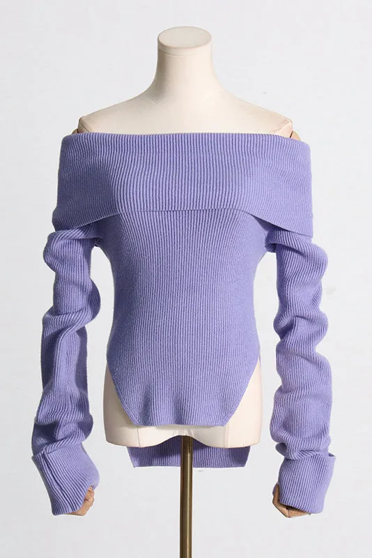 OFF SHOULDER KNIT CROPPED SWEATER - Purple