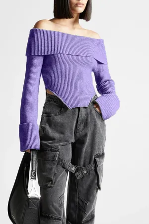 OFF SHOULDER KNIT CROPPED SWEATER - Purple