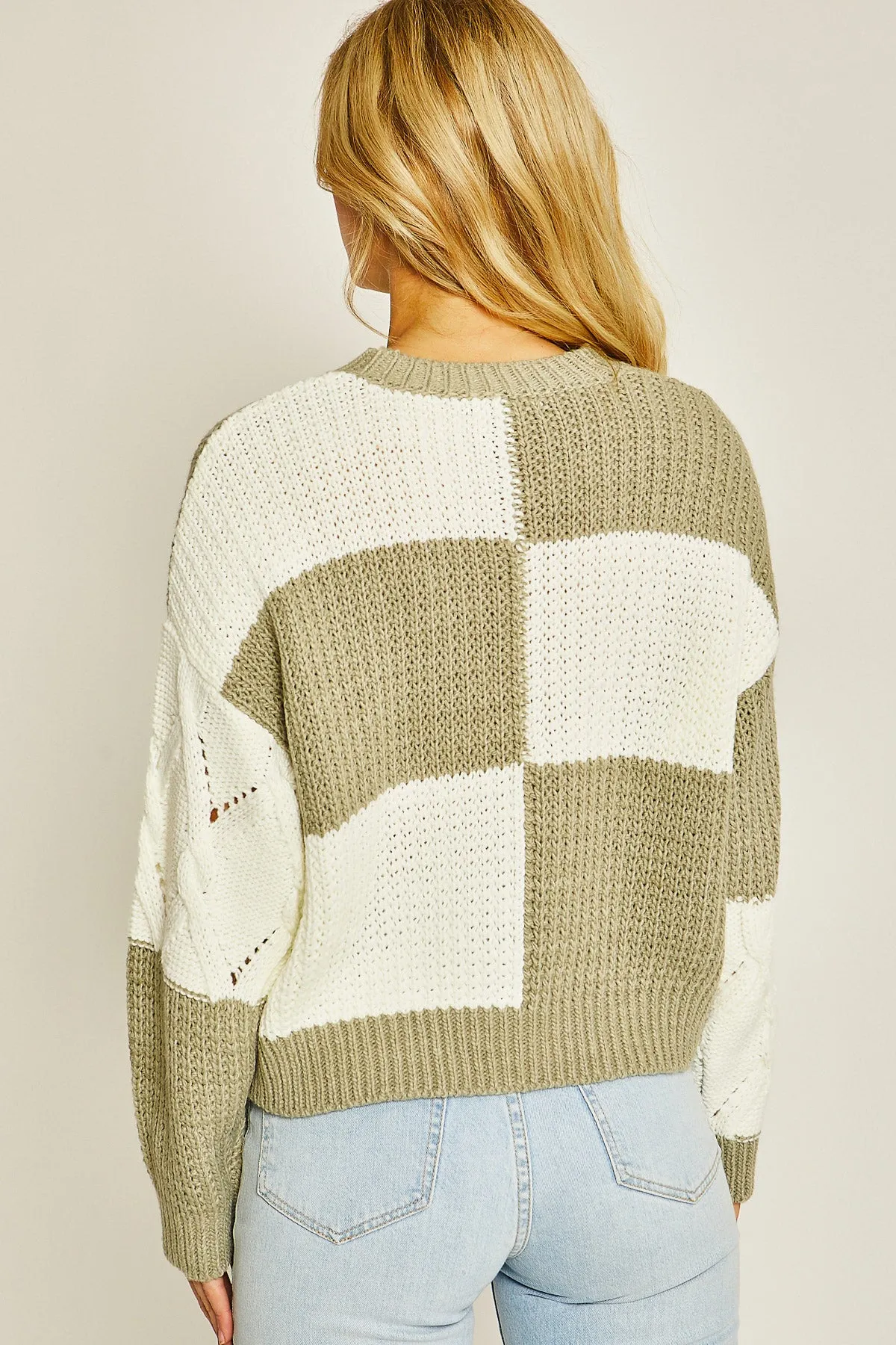 Olive Diamond Cutout Checkered Sweater