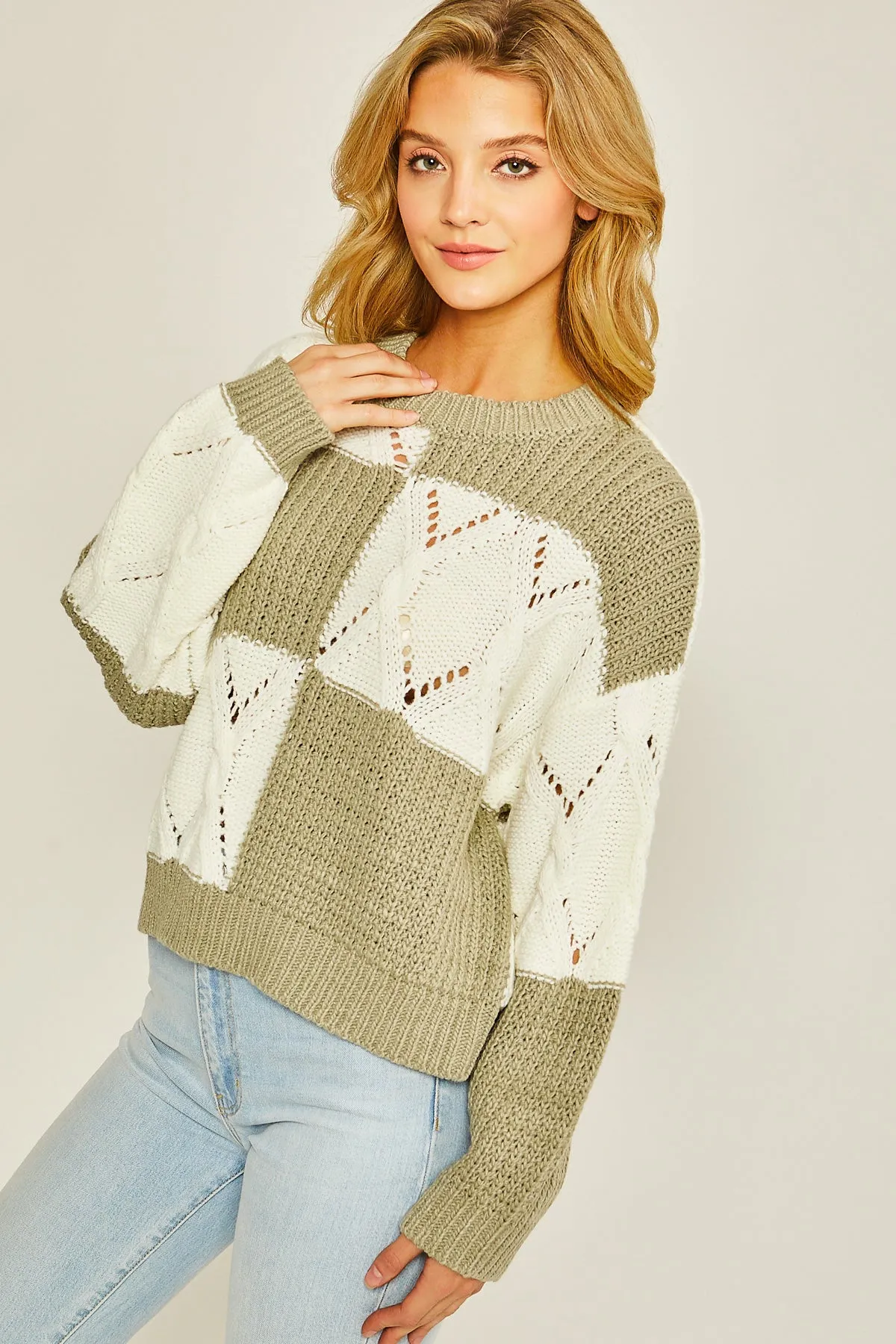Olive Diamond Cutout Checkered Sweater