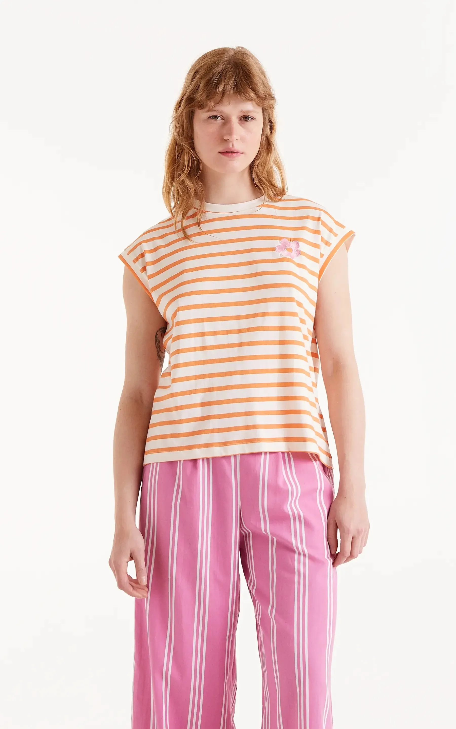 Orange Striped Print T-shirt