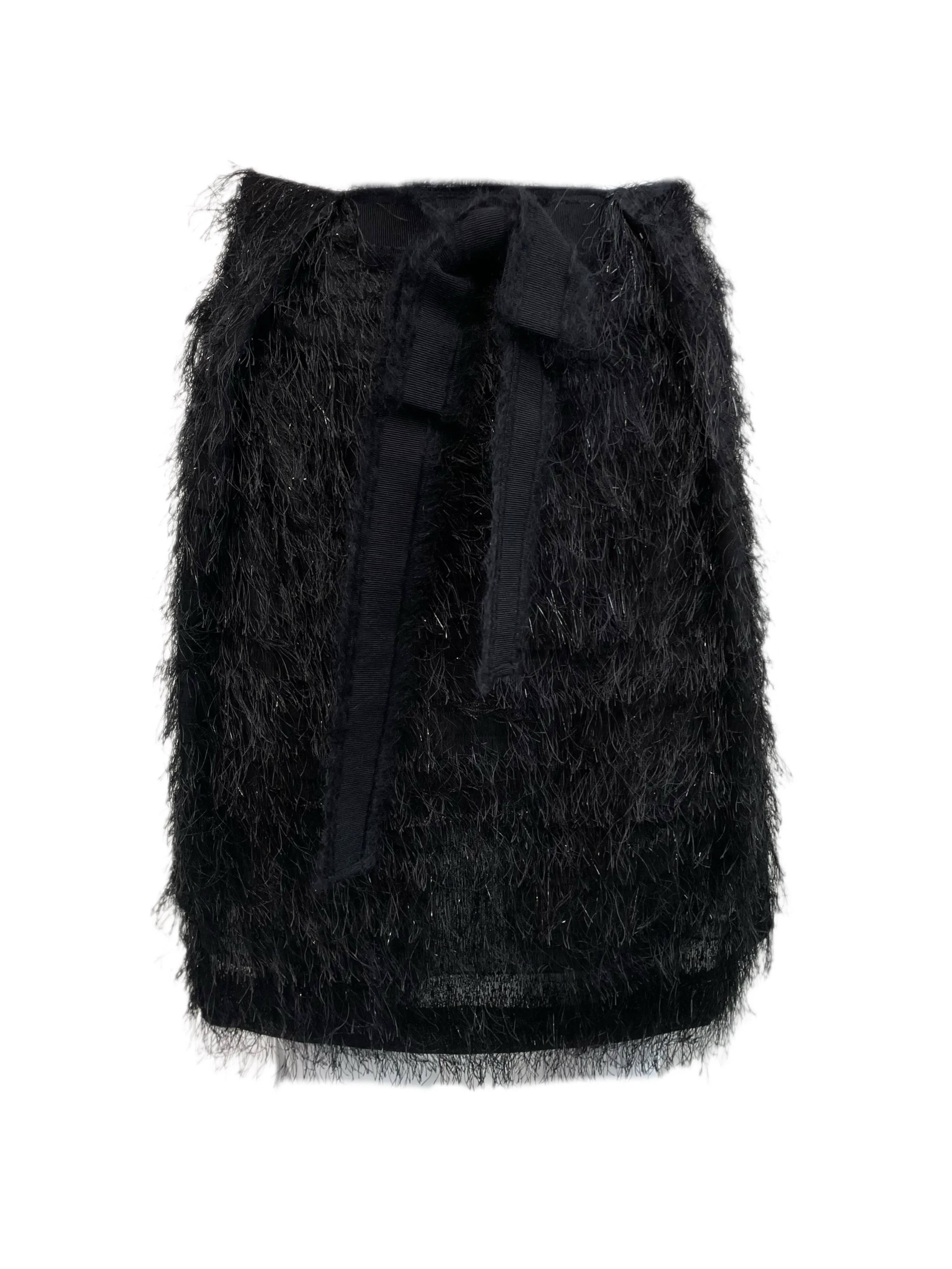 PAOLA FRANI Women's Gonna Black Fringe Effect About the Knee Skirt US Sz 8 NWT $239