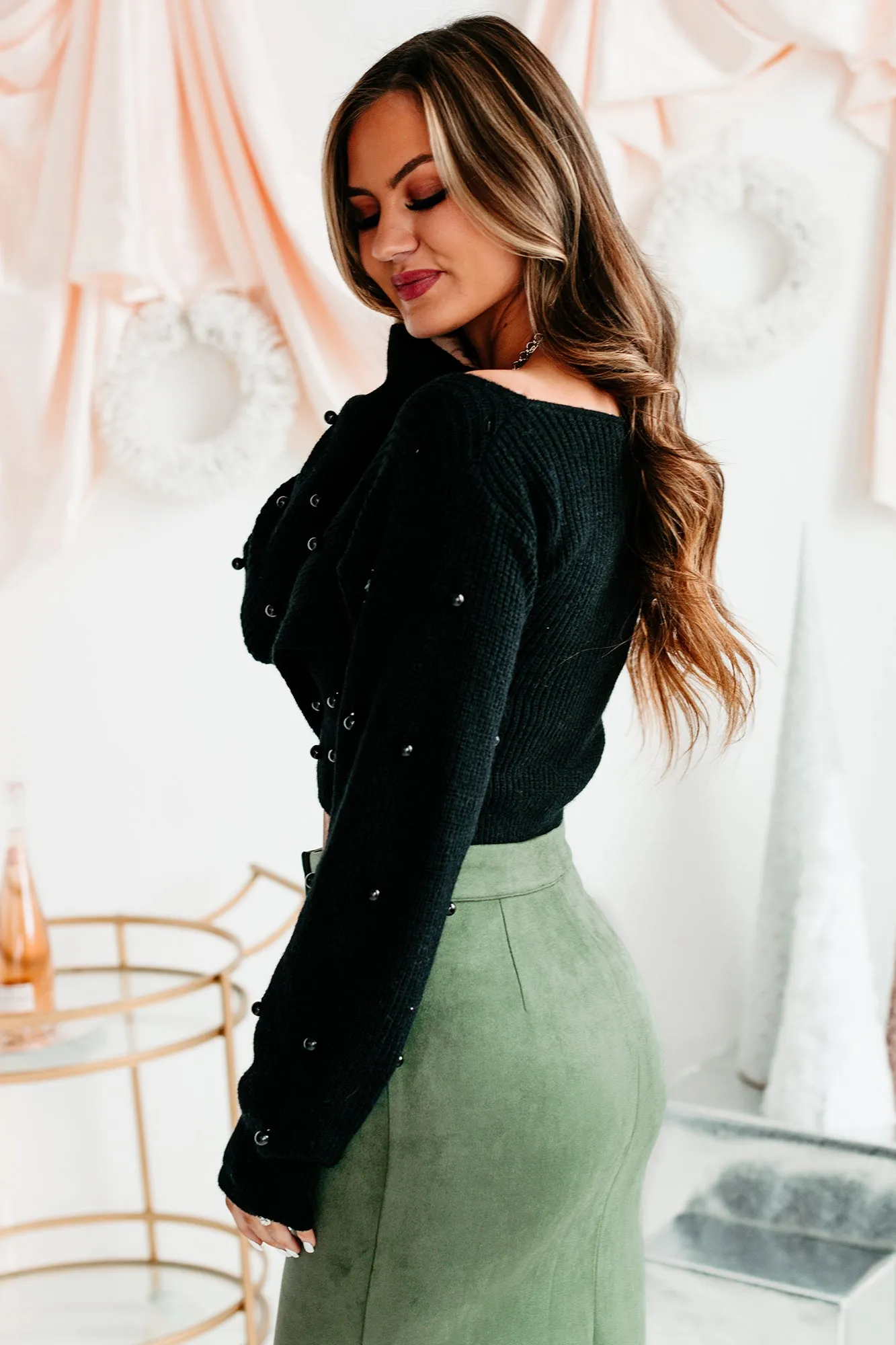 Pearl Next Door Cropped Pearl Embellished Sweater (Black)