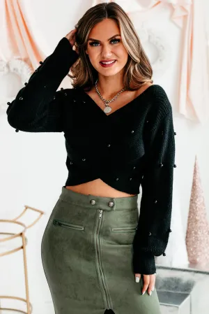 Pearl Next Door Cropped Pearl Embellished Sweater (Black)
