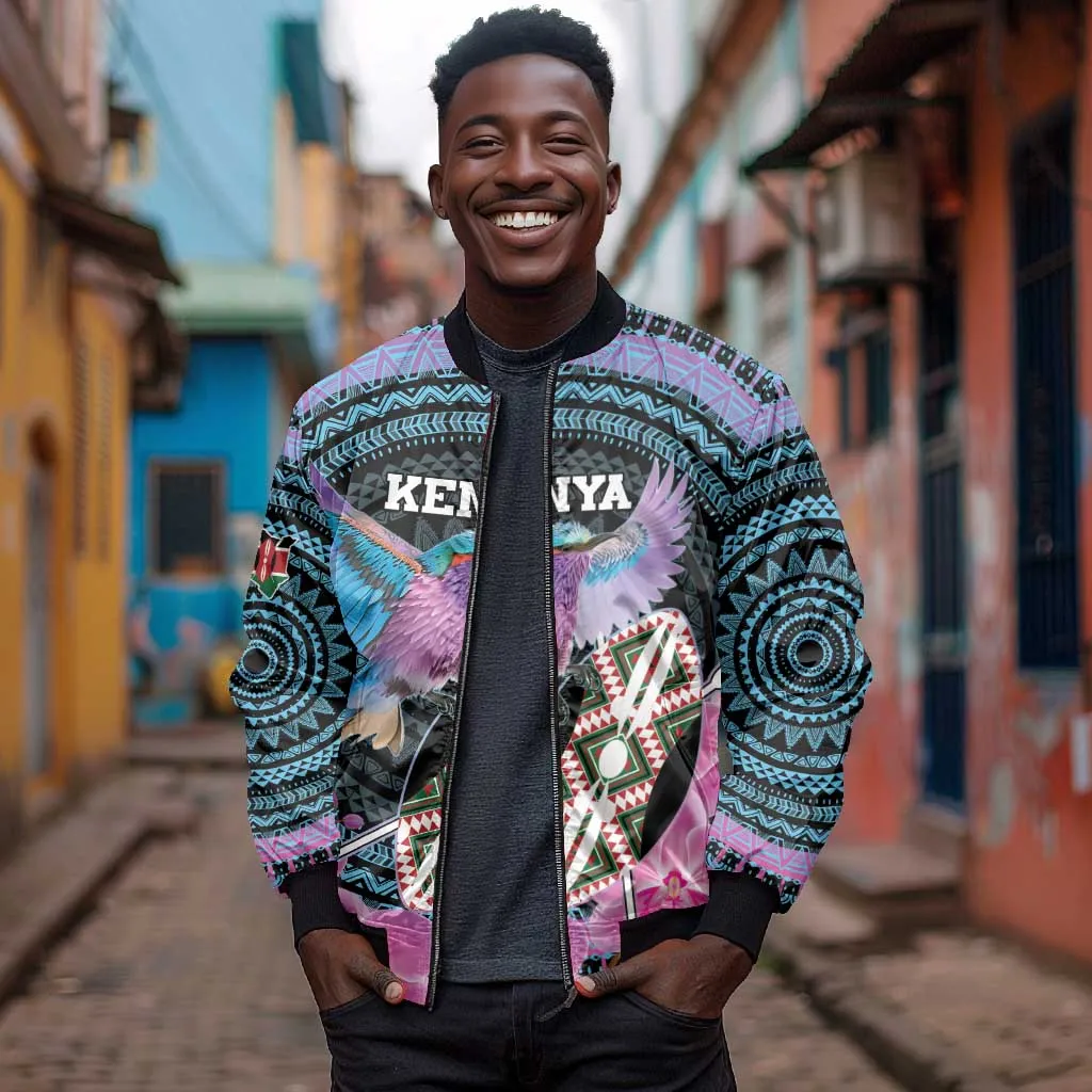 Personalised Kenya Lilac Breasted Roller Bomber Jacket Orchid Flower - African Pattern LT15