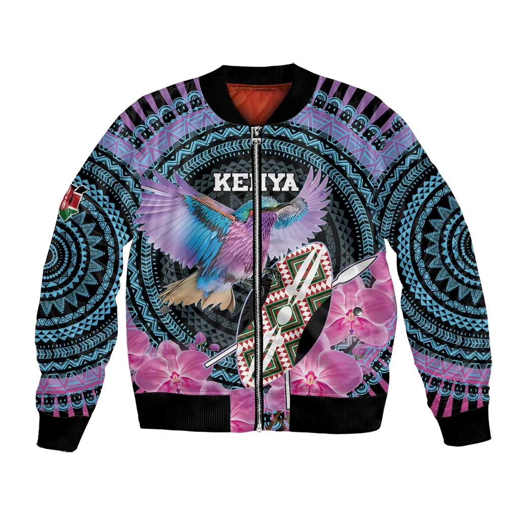 Personalised Kenya Lilac Breasted Roller Bomber Jacket Orchid Flower - African Pattern LT15