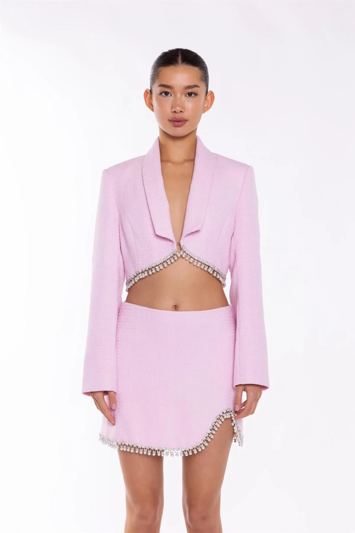 Pink-Tweed Diamante Trim Mini-Skirt