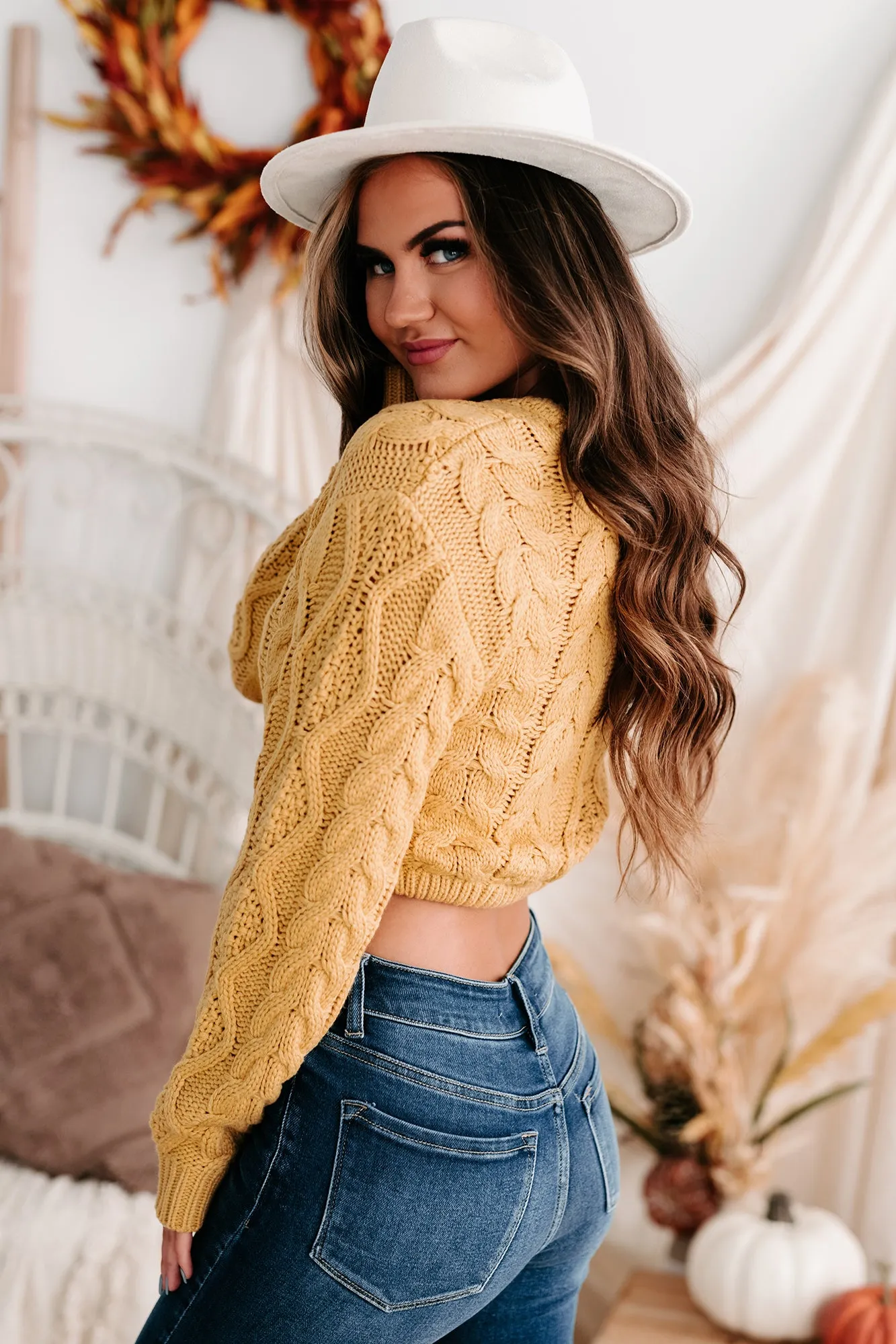 Points To Cozy Drawstring Hem Cropped Cable Knit Sweater (Honey Mustard)