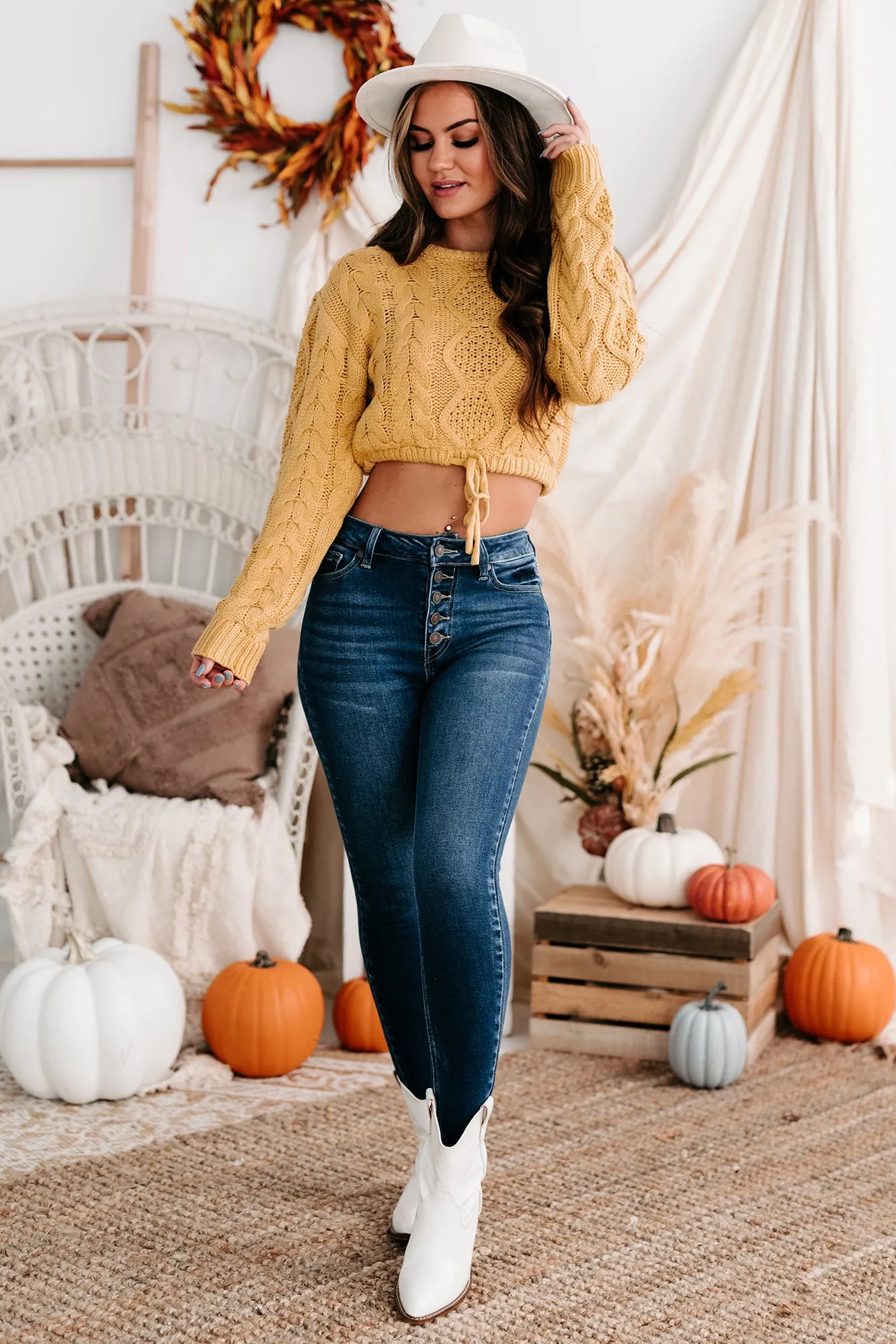 Points To Cozy Drawstring Hem Cropped Cable Knit Sweater (Honey Mustard)