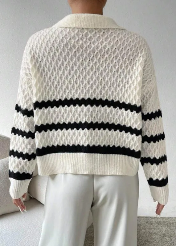 Polo Collar Textured Pullover – Elegant Striped Knitwear