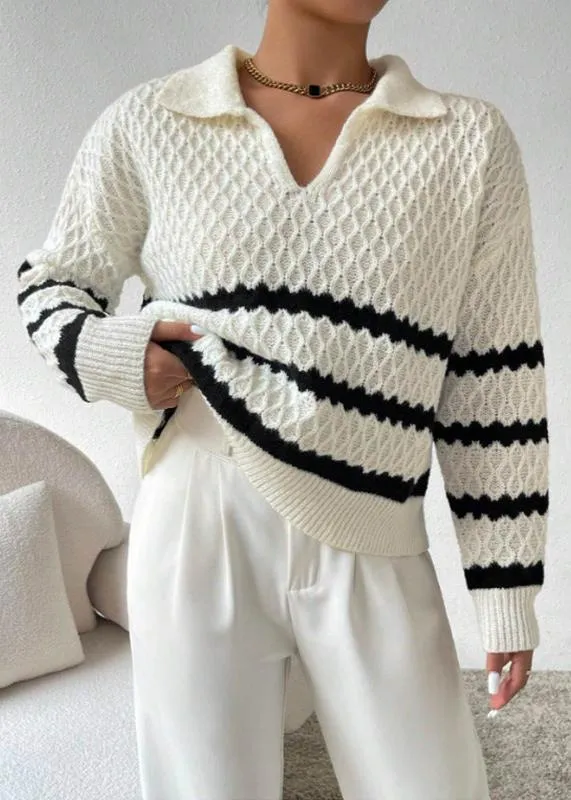 Polo Collar Textured Pullover – Elegant Striped Knitwear