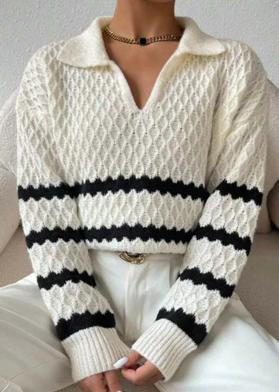 Polo Collar Textured Pullover – Elegant Striped Knitwear