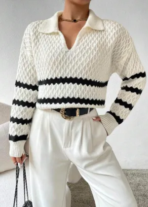 Polo Collar Textured Pullover – Elegant Striped Knitwear
