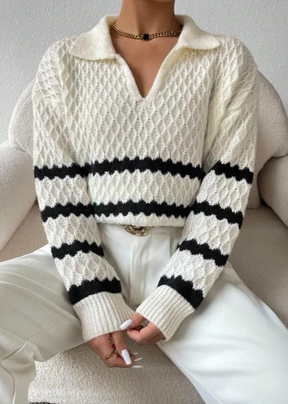 Polo Collar Textured Pullover – Elegant Striped Knitwear