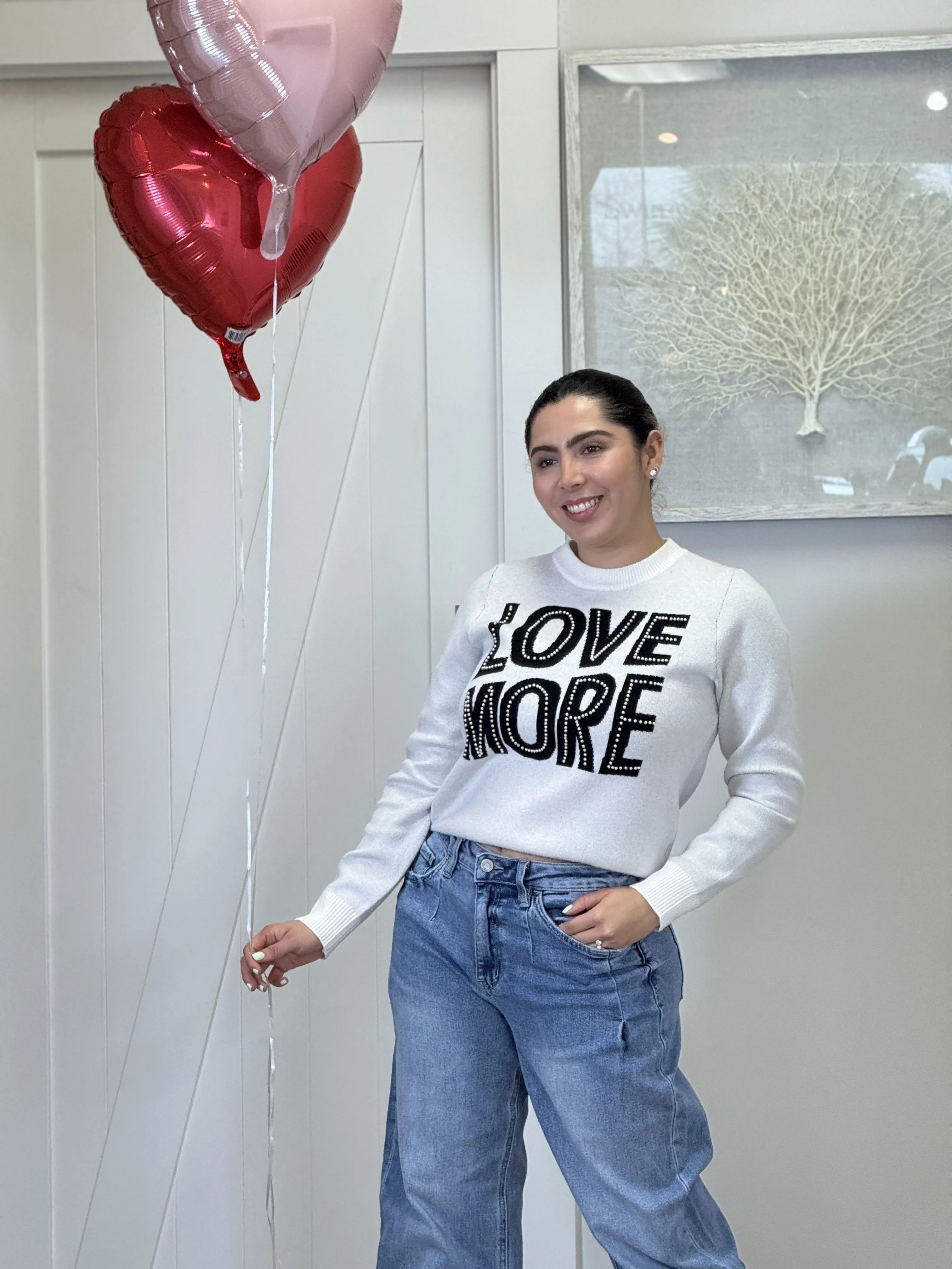 "Amor" Love More Pearls Detail Long Sleeve Sweaters
