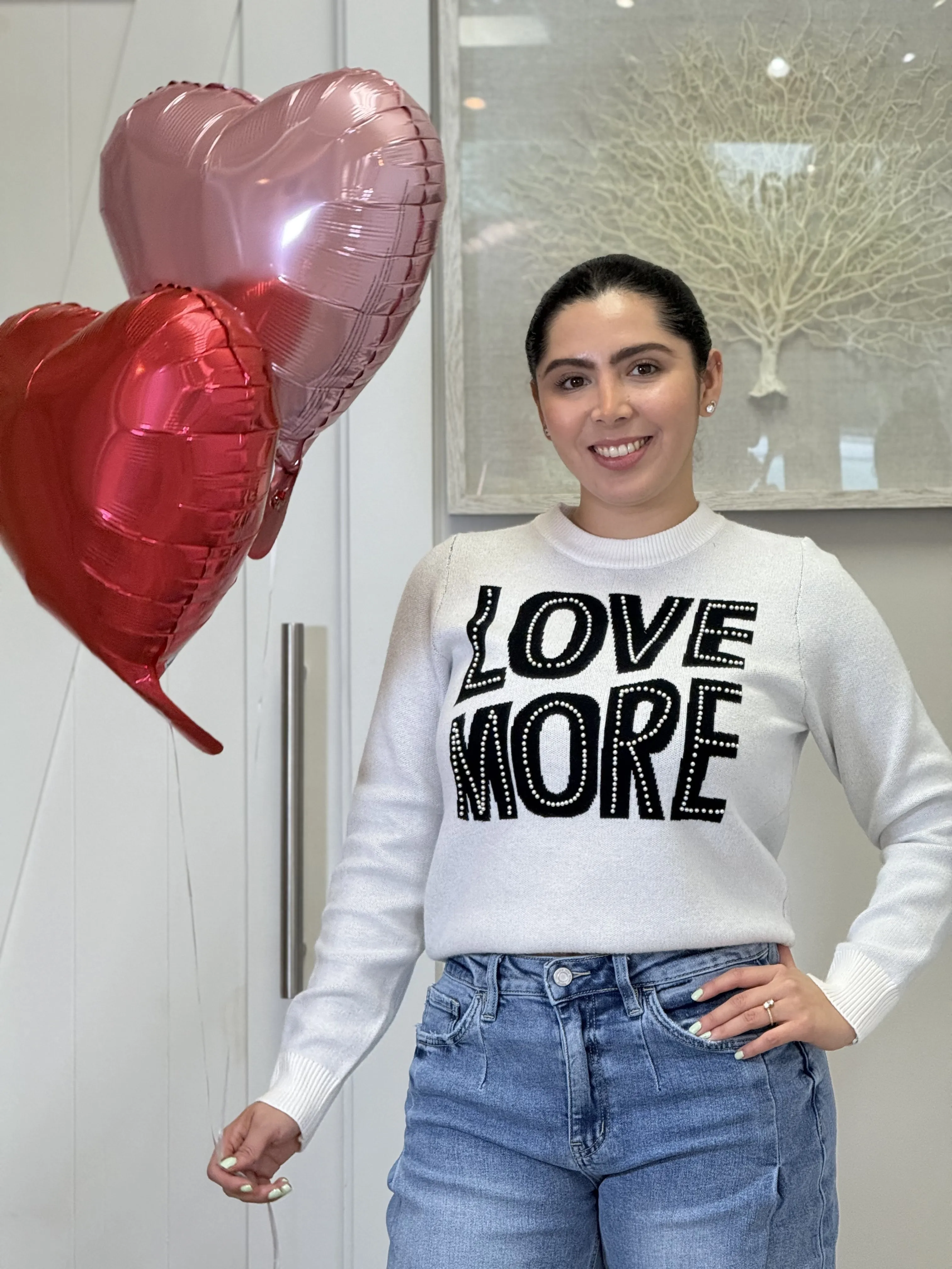 "Amor" Love More Pearls Detail Long Sleeve Sweaters