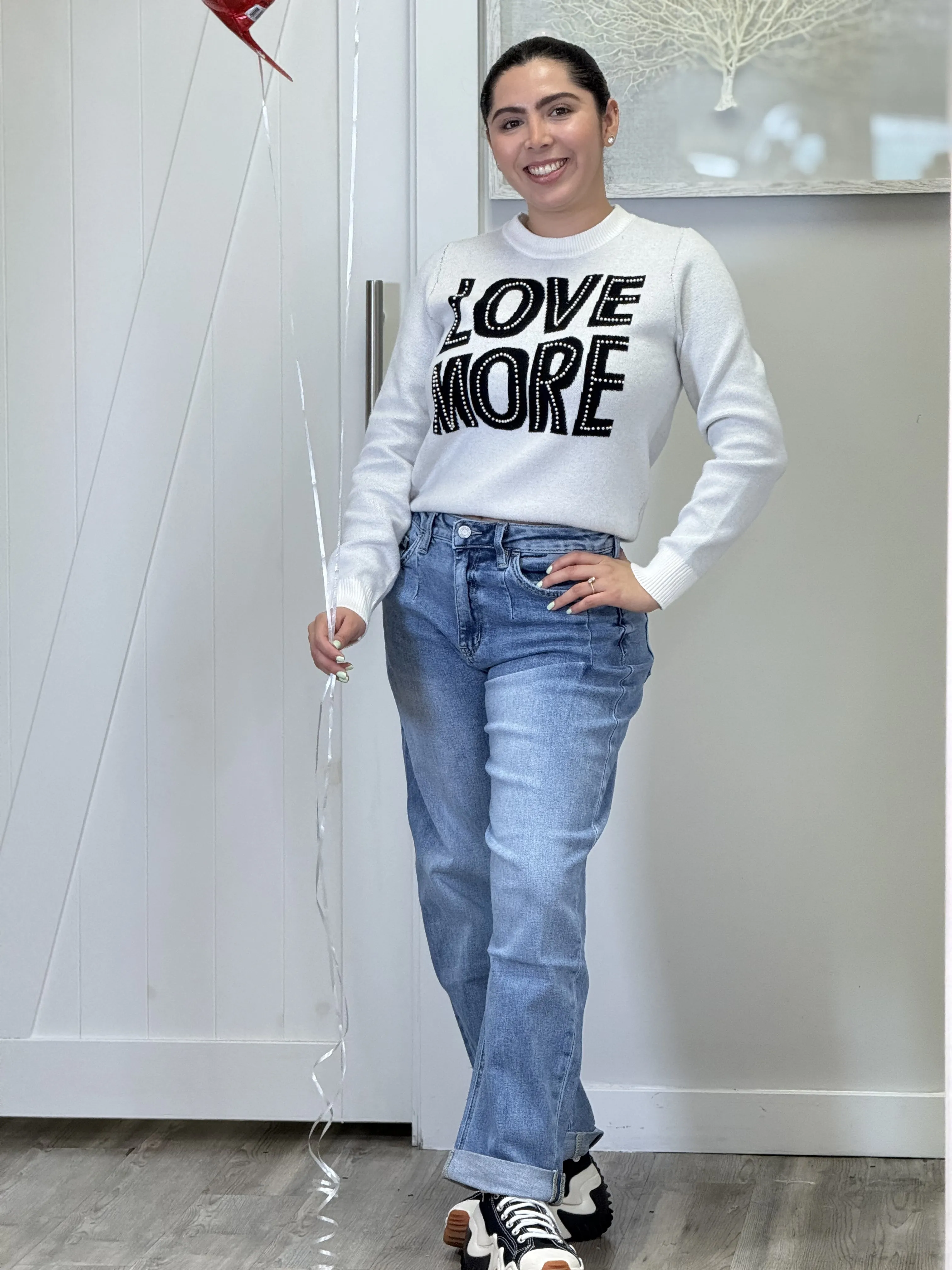 "Amor" Love More Pearls Detail Long Sleeve Sweaters
