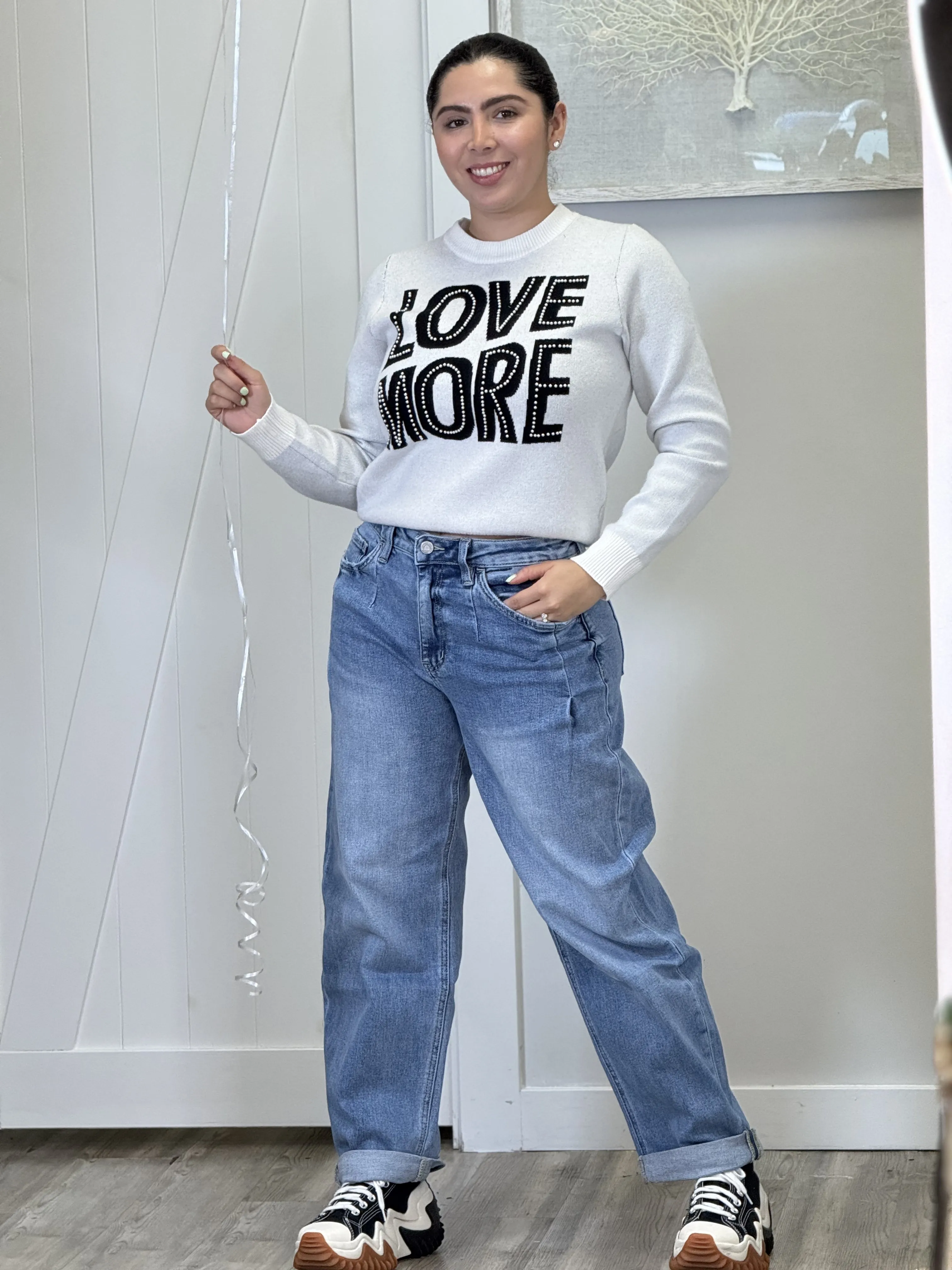 "Amor" Love More Pearls Detail Long Sleeve Sweaters