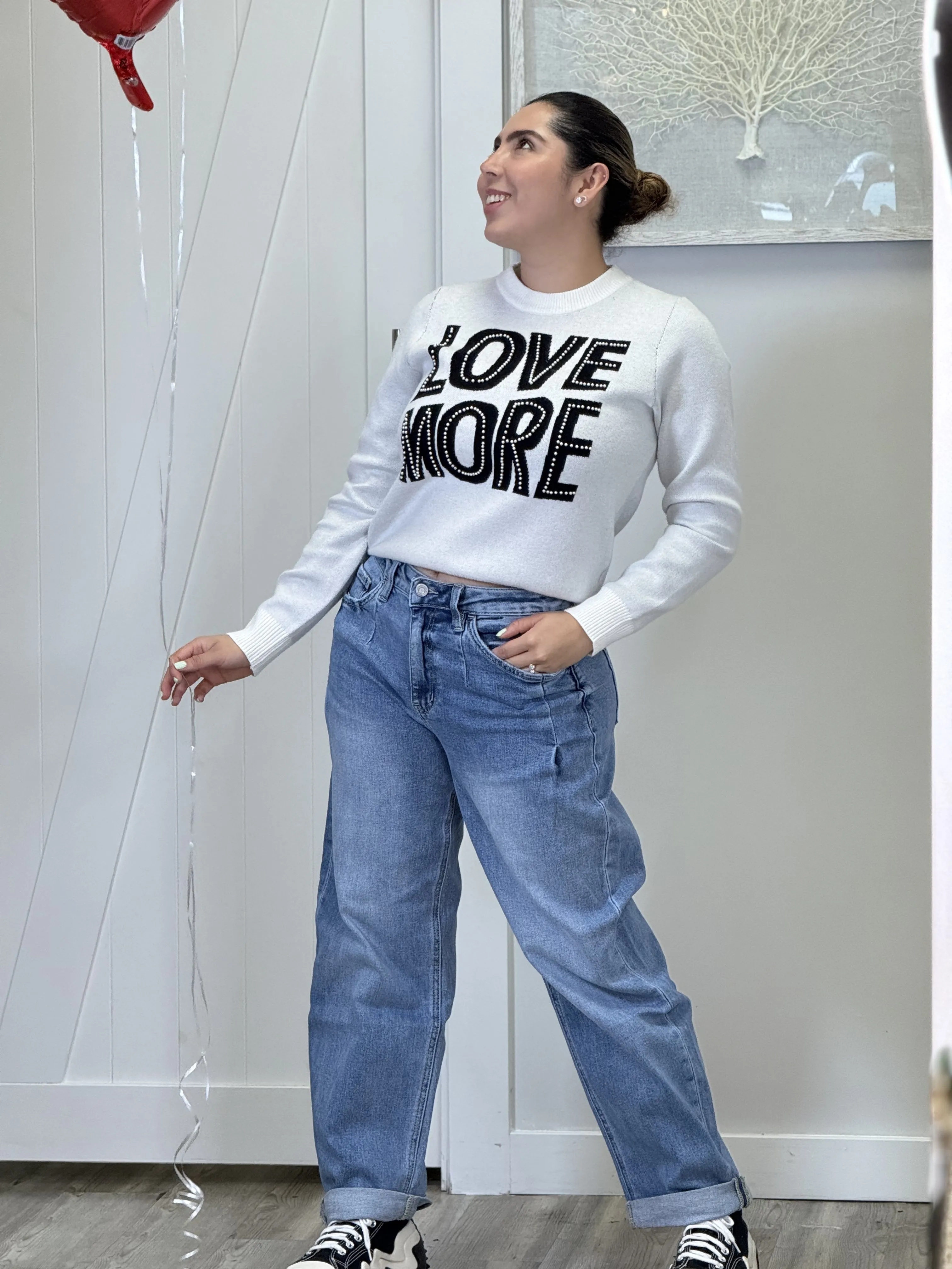 "Amor" Love More Pearls Detail Long Sleeve Sweaters