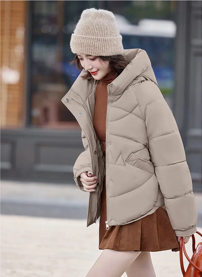 Relaxed-Fit Water-Resistant Puffer Jacket for Women Zip Up and Hooded