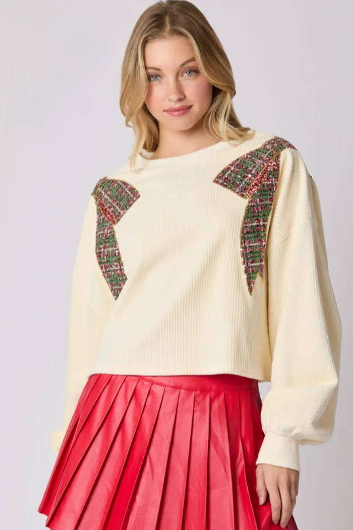 Sequin Bow Corduroy Sweatshirt