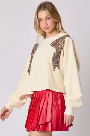 Sequin Bow Corduroy Sweatshirt